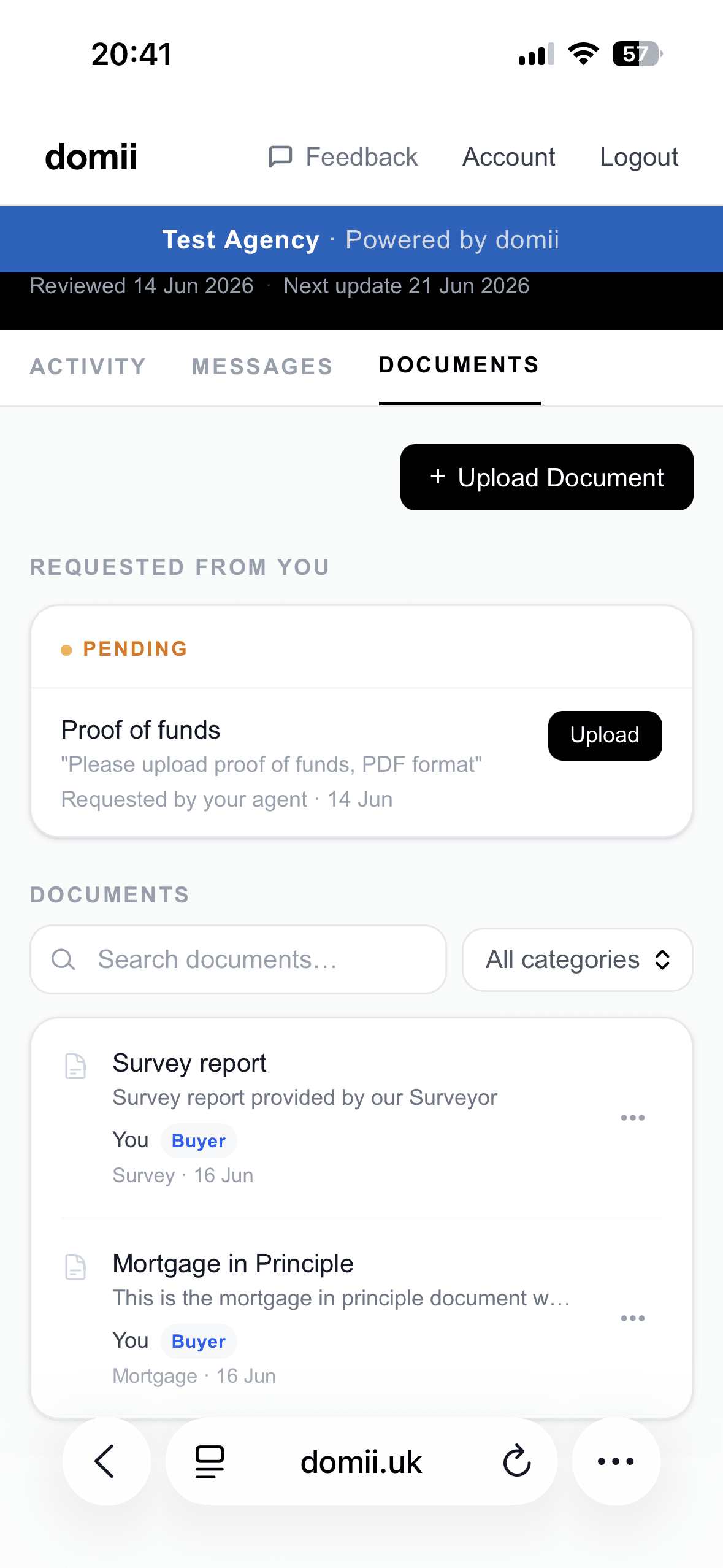 domii mobile document request screen
