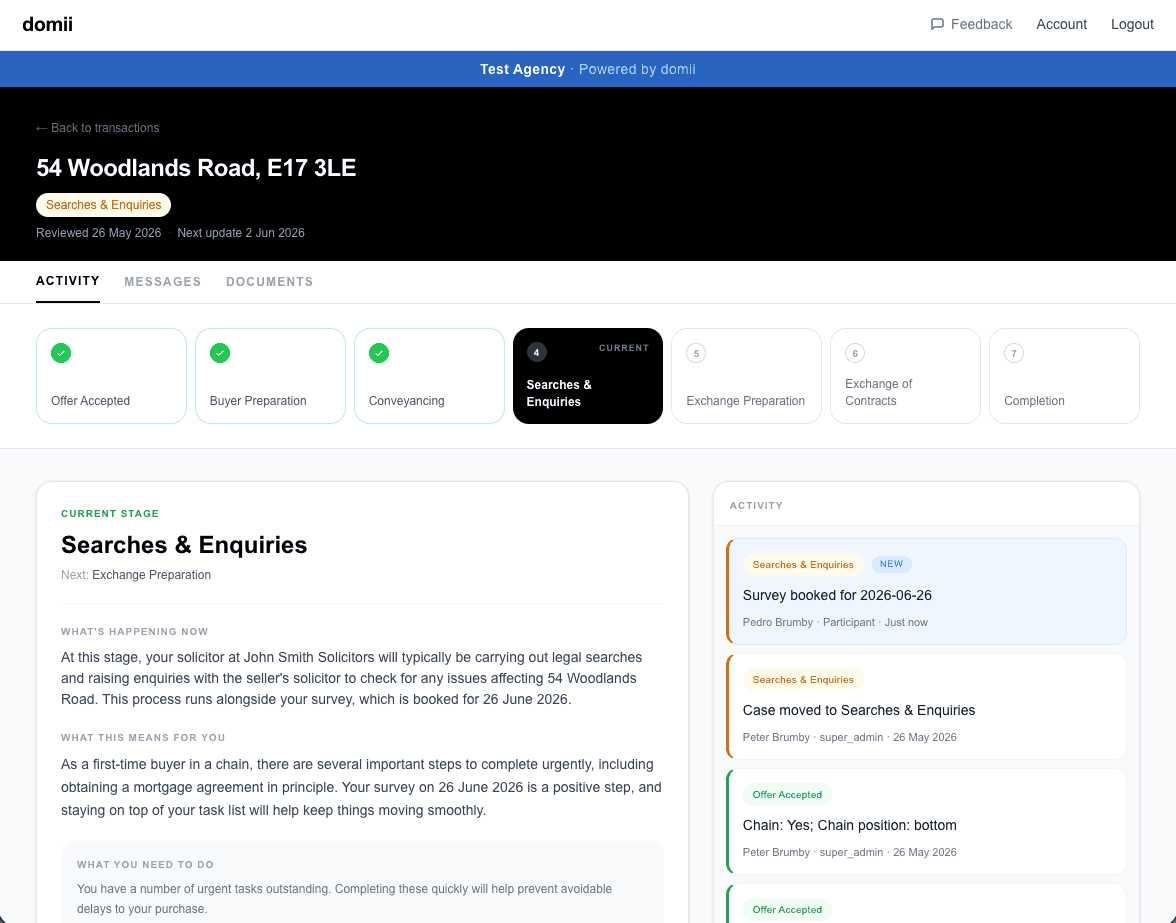 domii transaction page showing stage tracker, personalised guidance and activity feed