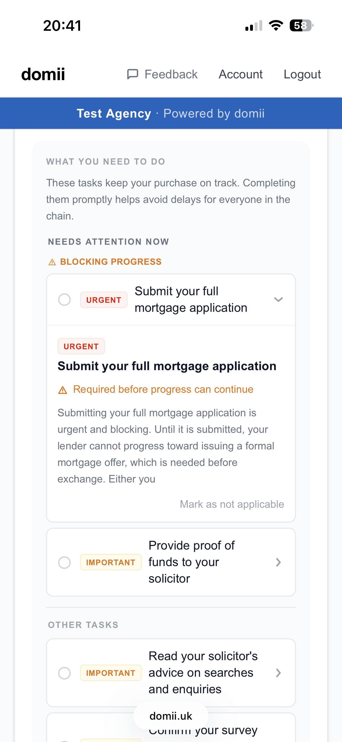 domii mobile tasks screen showing personalised task list